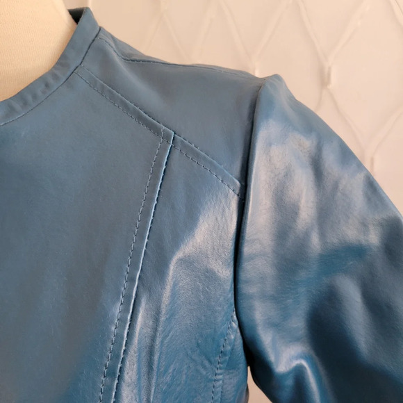 Jessica London Leather Moto Style Jacket / Turquoise / Size Medium - Picture 2 of 8